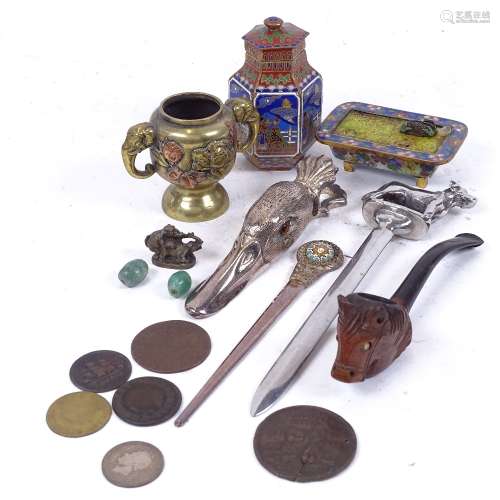 Various collectables, including 18th century coins, Chinese brass and copper elephant incense