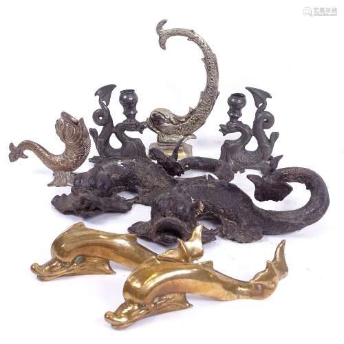 A group of metal dolphin and fish ornaments, including Maltese example (8)