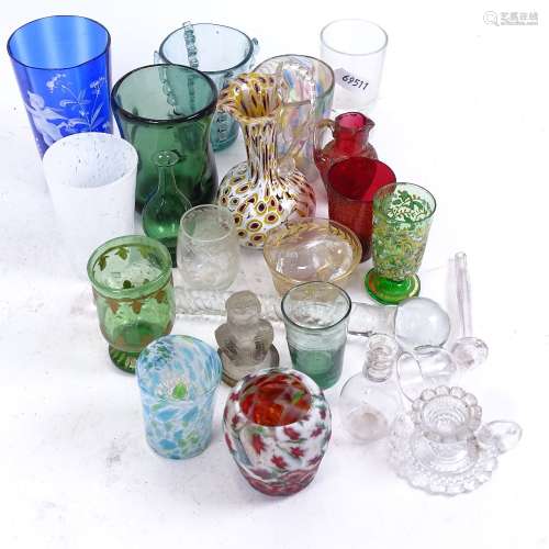 A group of various glassware, including Venetian handblown beakers, etched tot, polished rock