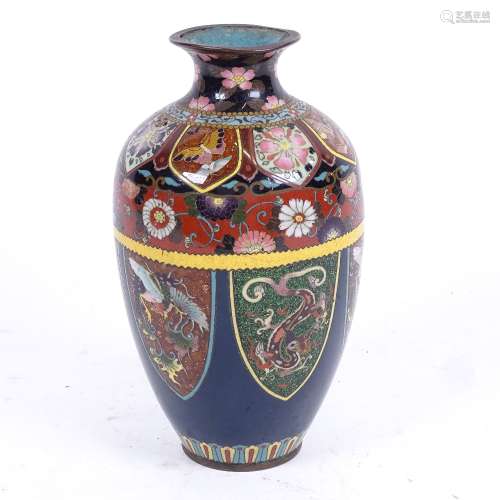 A Japanese cloisonne enamel vase, blue ground with dragon butterfly and floral decoration, height