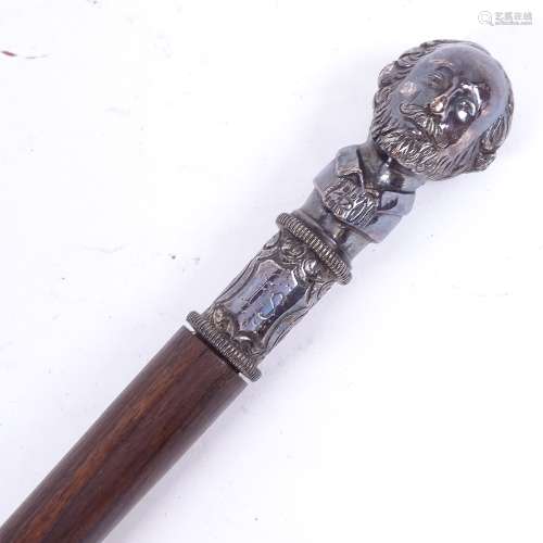 A 19th century rosewood walking cane, with silver plated figural head knop, overall length 91cm