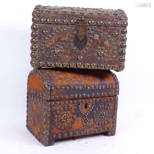 2 19th century brass-studded leather dome-top storage caskets, largest width 24cm (2)