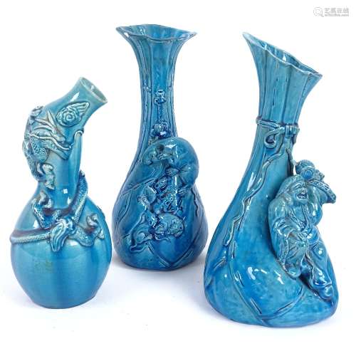 3 Chinese turquoise glazed pottery figure-mounted spill vases, largest height 24cm (3)