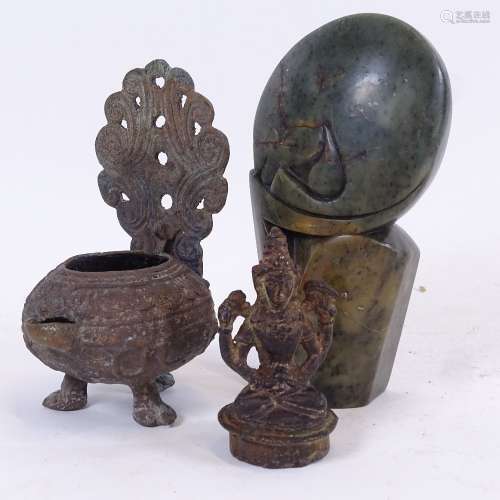 A Zimbabwean carved greed serpentine soapstone Shona figural sculpture, signed Cuth, height 15cm,