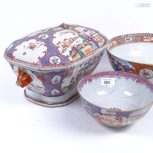 A group of Chinese ceramics, including large lidded tureen, punch bowl, and another, largest