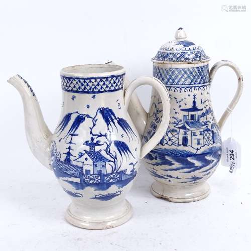 A pair of English blue and white ceramic teapots, chinoiserie decoration, largest height 25cm,