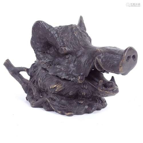 A Victorian bronze boar's head figural inkwell, signed Barrie, length 17cm
