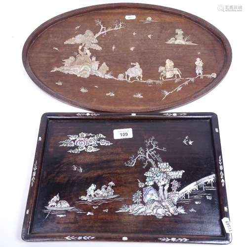 2 Oriental mother-of-pearl inlaid rosewood trays, largest length 47cm (2)