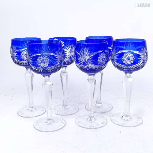A set of 6 Bohemian cut blue glass Hock glasses, height 18.5cm