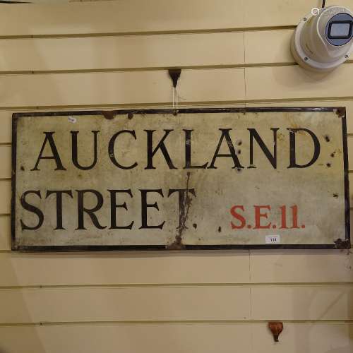 A Vintage London Auckland Street SE11 black white and red enamel street sign, 38cm x 90cm