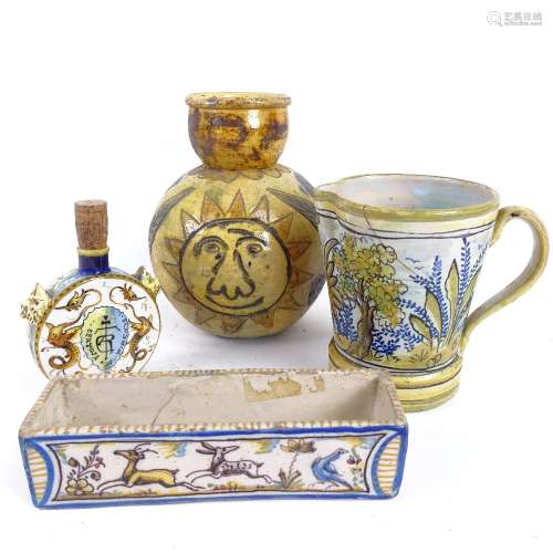 A group of Majolica pottery, including Italian Certosa Di Firenze flask, jug etc, largest height