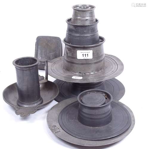 A group of 19th century drum-shaped pewter inkwells, and various other pewter items