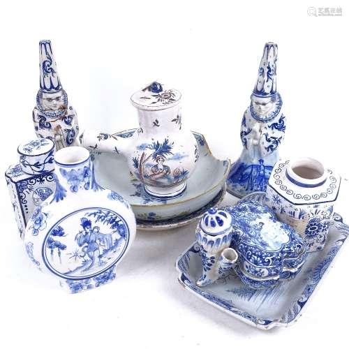 A group of Dutch tin glaze Delftware, including tea caddy, posy vase, dish etc (5)