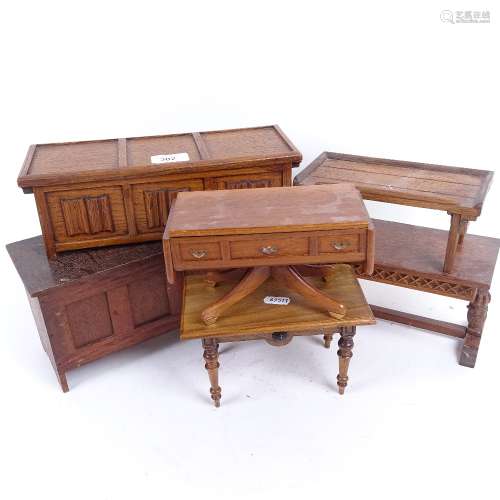 2 miniature panelled oak coffers, longest 29cm, a carved oak table with rising top, possibly and
