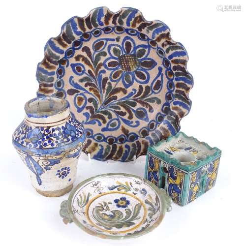 A group of European Maiolica pottery, including architectural design inkwell, floral frilled plate