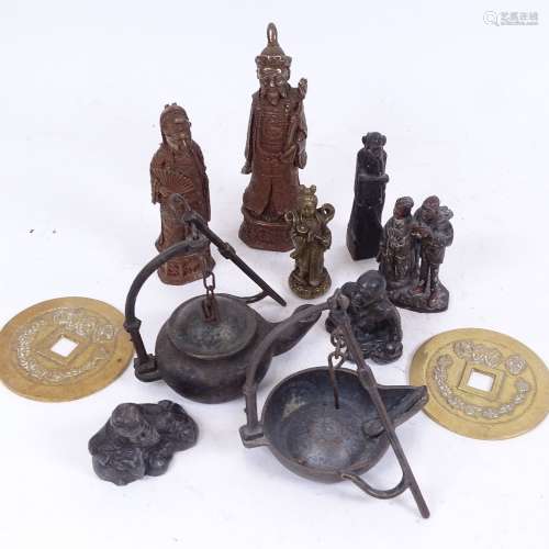 Various Oriental cast-metal figures, 2 Chinese brass tokens, teapot etc (boxful)