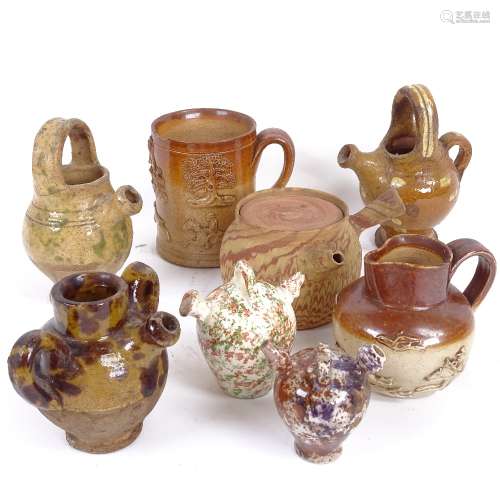 A group of stoneware pottery, including miniature Sarum kettle jugs, salt glaze mug etc (8)