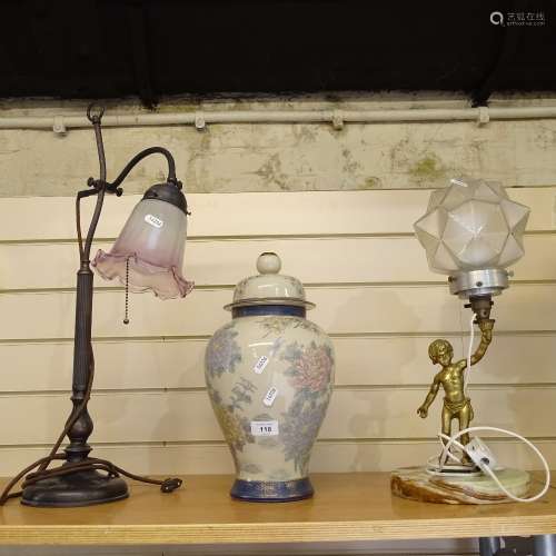 A brass figural lamp with green onyx base, modern column lamp with frilled lilac shade, and a modern