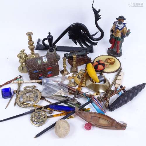 Various collectables, including doll's house brass candlesticks, wrought-iron dragon wall bracket,