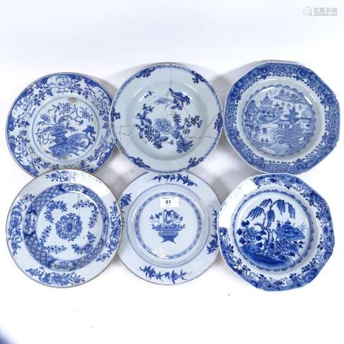 A group of Chinese blue and white plates, including 18th and 19th century examples, all A/F, largest