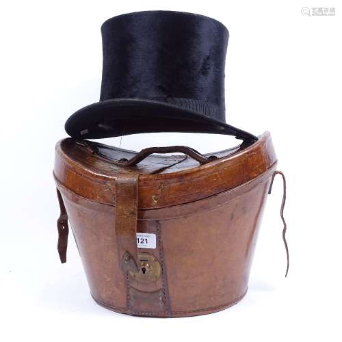 A 19th century leather top hat travelling box, and a Campling black top hat (2)