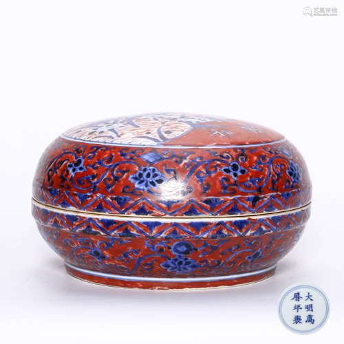 Ming Wanli red ground blue and white egret lotus pond lid box