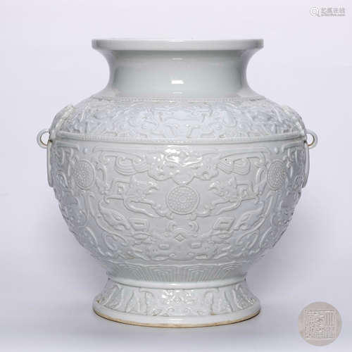 White glaze carved Chilong Double Ear Zun