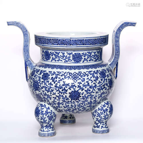 Qing Dynasty Qianlong Blue-and-white Lotus Three-legged Two-ear Censer