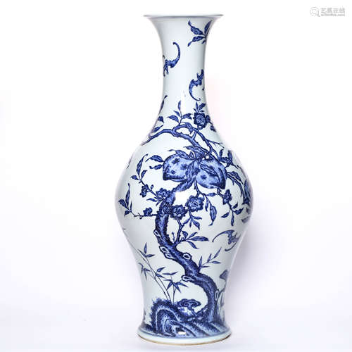 Qing blue and white life peach pattern olive vase