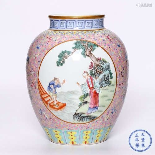 Qing Dynasty Yongzheng Jindi famille rose window figure pattern jar