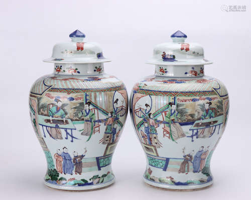 A pair of Qing Kangxi blue and white multicolored auntie teaches the child general jar