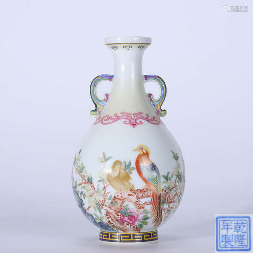 Qianlong enamel double-eared vase with flowers and birds