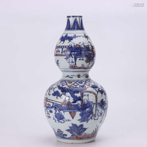 Ming Wanli blue and white glaze red baby play gourd vase