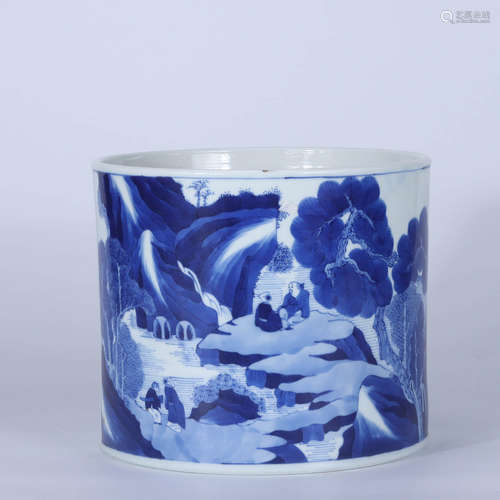 Qing Dynasty blue and white landscape character pen holder