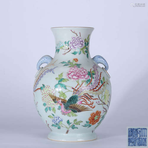 Qianlong famille rose phoenix flower double ear vase