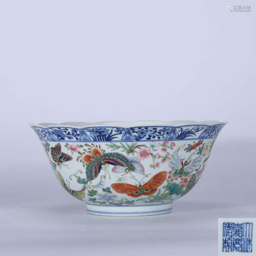 Qing Jiaqing blue and white famille rose flower bowl with butterfly love pattern