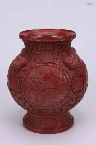 Qianlong Porcelain Imitated Lacquerware Tickled Red and Bright Landscape Jar