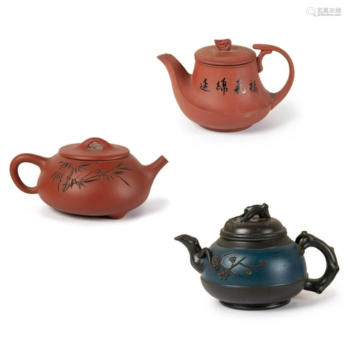 GROUP OF THREE YIXING CLAY TEA POTS