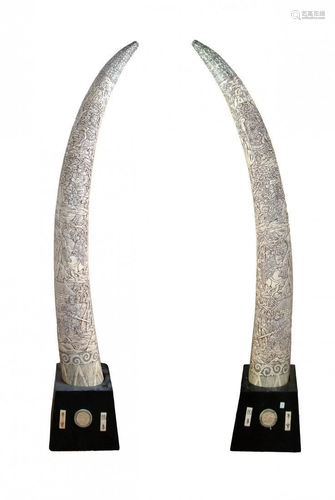 PAIR OF LARGE CARVED BONE VENEER TUSKS