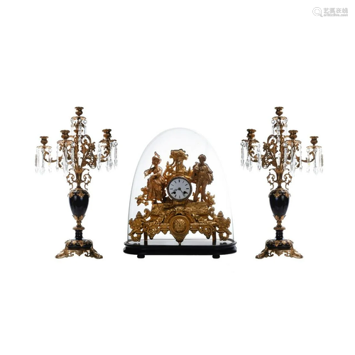 RUBY GLASS CANDELABRAS WITH GILDED DOME CLOCK