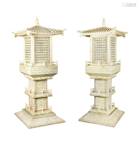 PAIR OF CARVED BONE VENEER LANTERNS