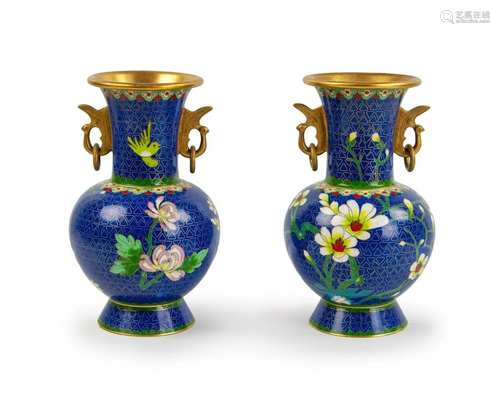 PAIR OF BLUE GROUND CLOISONNE VASES