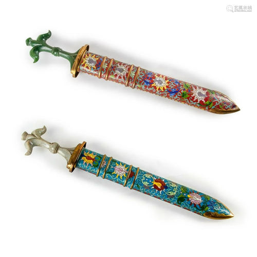 PAIR OF JADE HILT CLOISONNE SCABARD DAGGERS