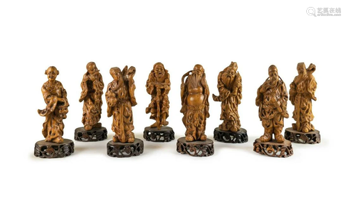 GROUP OF EIGHT WOOD CARVED IMMORTALS