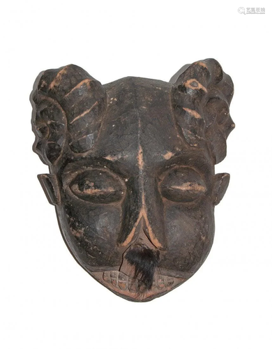 CARVED WOOD MASK WITH RAMS HORNS