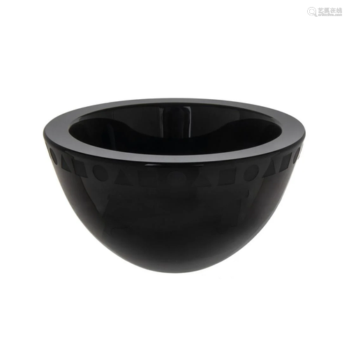 VINTAGE SASAKI BLACK GLASS GEOMETRIC BORDER BOWL