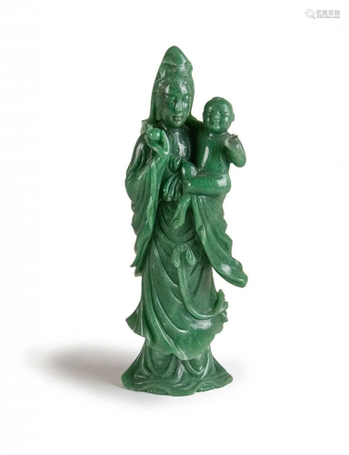 CARVED GREEN JADE FIGURE OF GUAN YIN WITH BOY