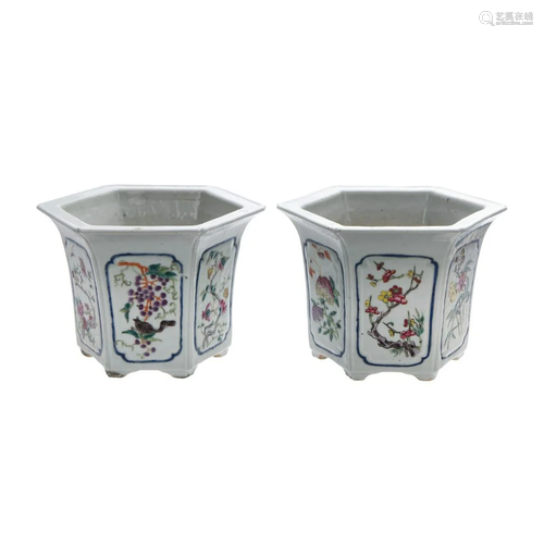 PAIR OF FAMILLE ROSE HEXAGONAL PLANTERS