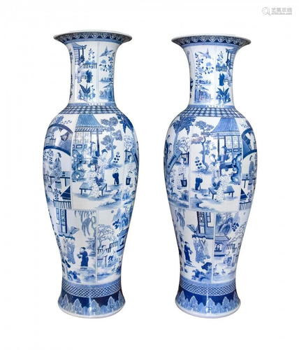 PAIR OF LARGE BLUE AND WHITE TEMPLE VASES