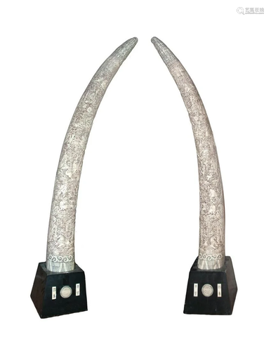 PAIR OF LARGE CARVED BONE VENEERED SHAPED TUSK